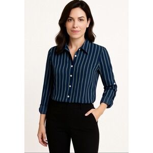 Susan Graver Women's Striped Button Front Roll Tab Sleeve Blouse Top Size SP